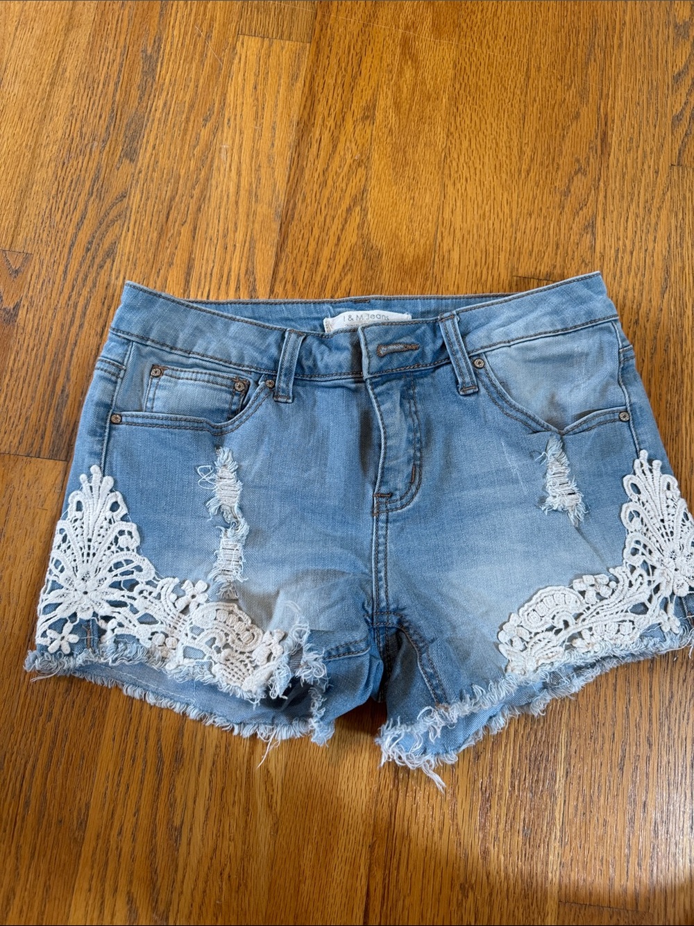 Light Blue Denim Shorts with White Lace Trim
